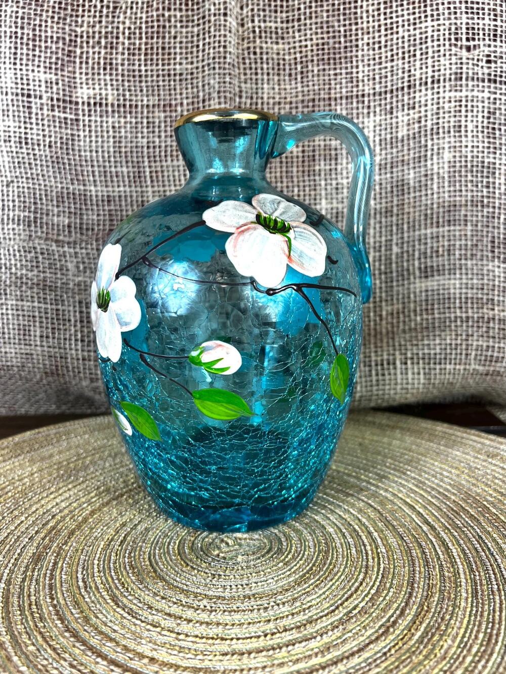 Hand-Painted Dogwood Blossoms Turquoise Crackle Glass Pitcher (8" H)